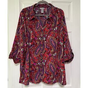 Catherines Women's Paisley Button Front Roll Tab Sleeve Top Size 3X-26/28W